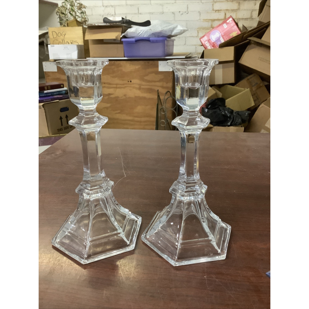 Pair Of Lead Crystal Clear Candle Holders Hexagon Base Candle Sticks 8”